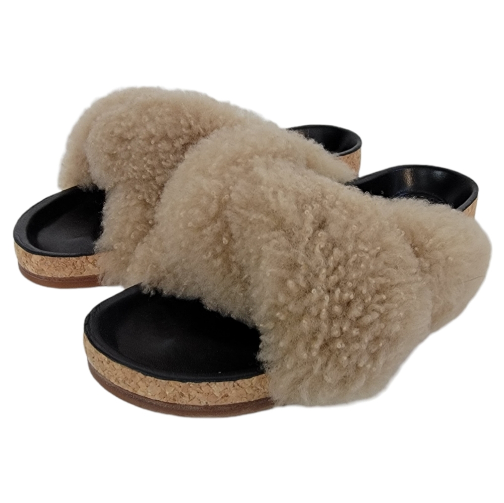 New Chloe Sherling Slides Sherpa Faux Fur Sandals Size 36 US 6 Beige - Picture 2 of 10